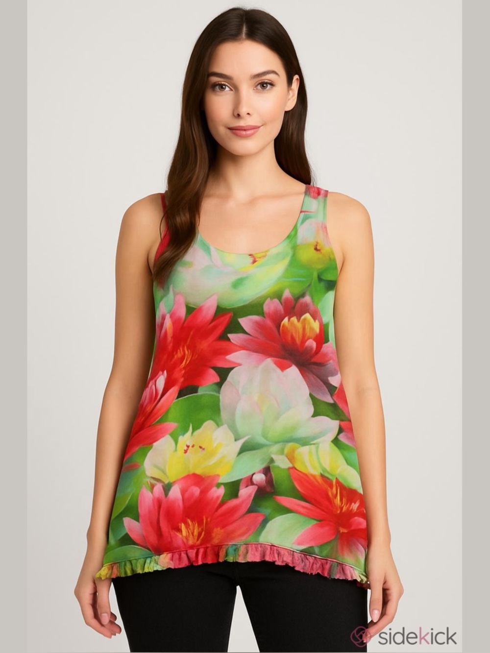 David Pond Floral Water Lily Sleeveless Blouse | Vibrant Red & Green Tunic